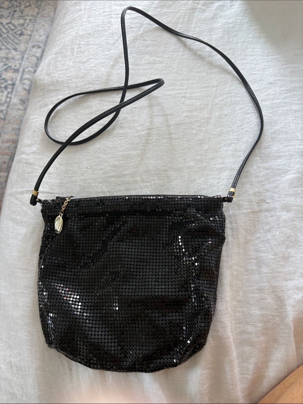 VINTAGE Whiting & Davis Black Sequin Crossbody Bag w leather strap